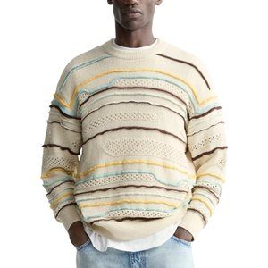 Zara Textured Striped Knit Crewneck Cotton Sweater